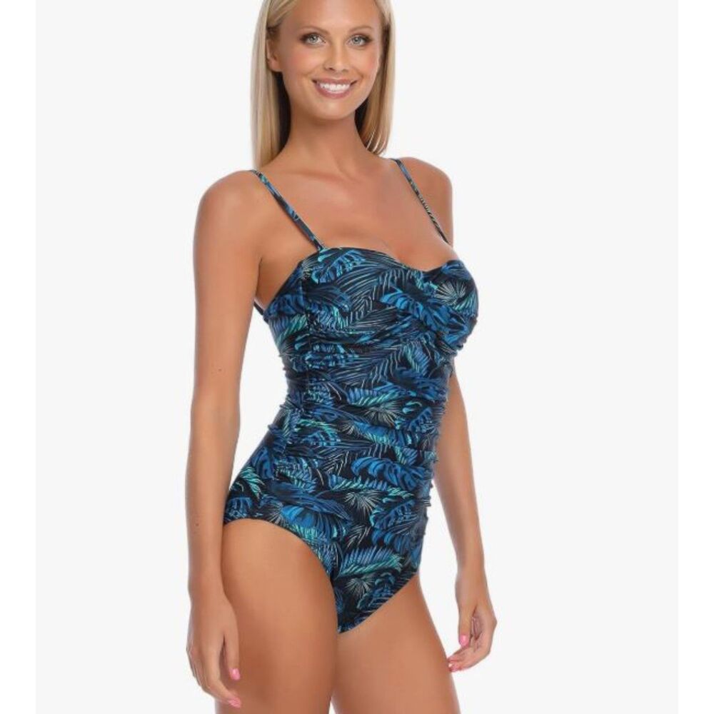 Relleciga Blue Leaf Print Swimsuit M Strapless Option Adjustable Straps NWT